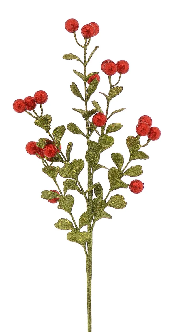 12/192-72cm Κλαδί με πράσινα φύλλα και berries με γκλίτερ