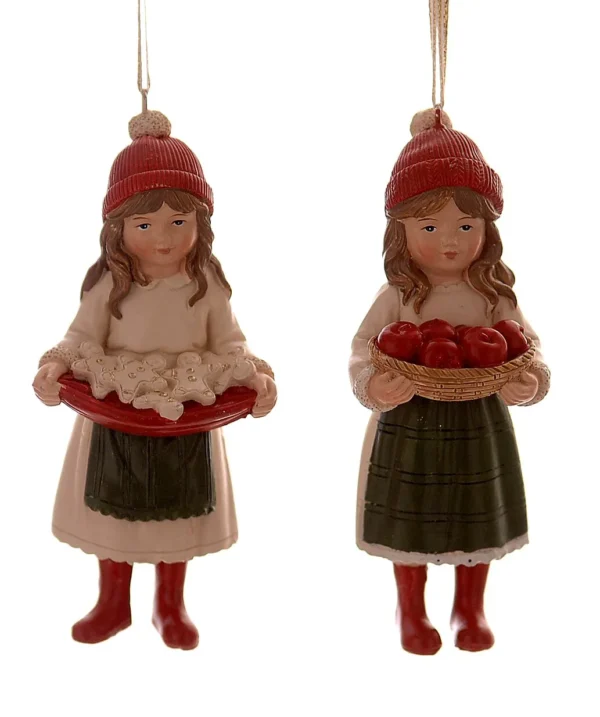 12/144-2Asst 12cm Κορίτσια από polyresin σε ιβουάρ/πράσινο/κόκκινο με καλάθια, διακοσμητικά