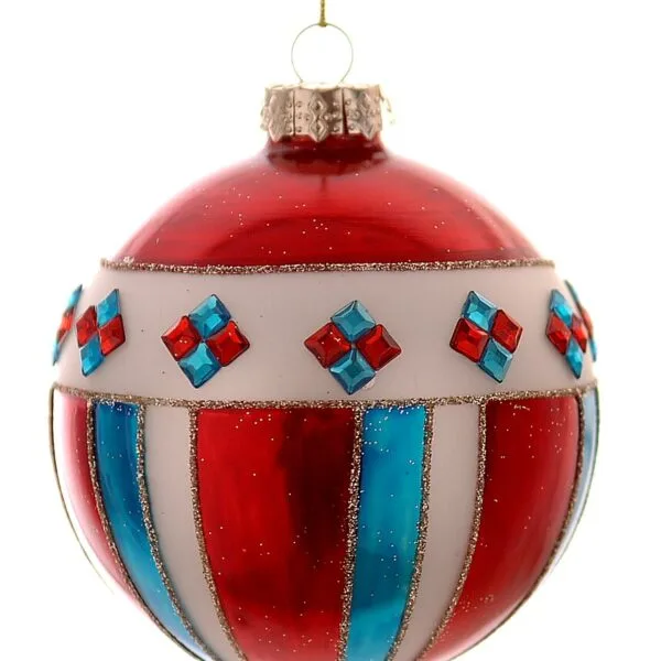 12/24-12cm Γυάλινη κόκκινη, μπλε και λευκή μπάλα με πετράδια
