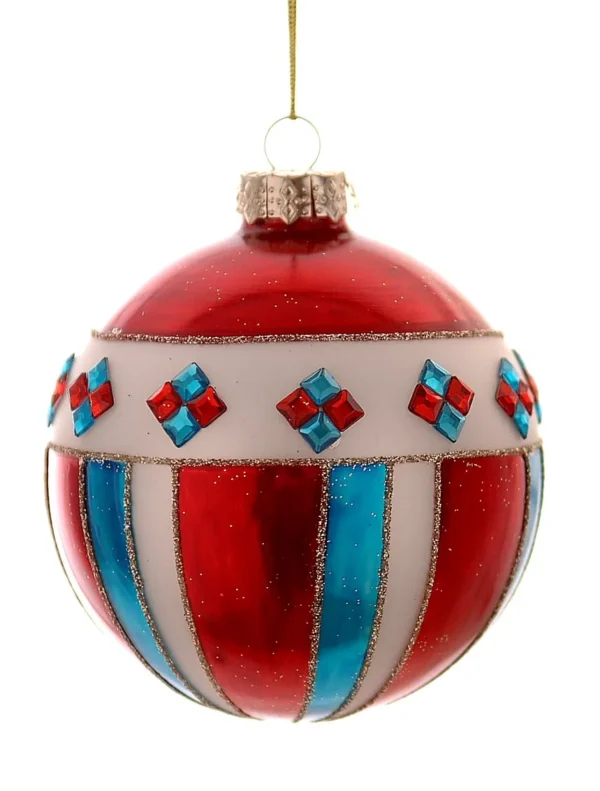 12/24-12cm Γυάλινη κόκκινη, μπλε και λευκή μπάλα με πετράδια