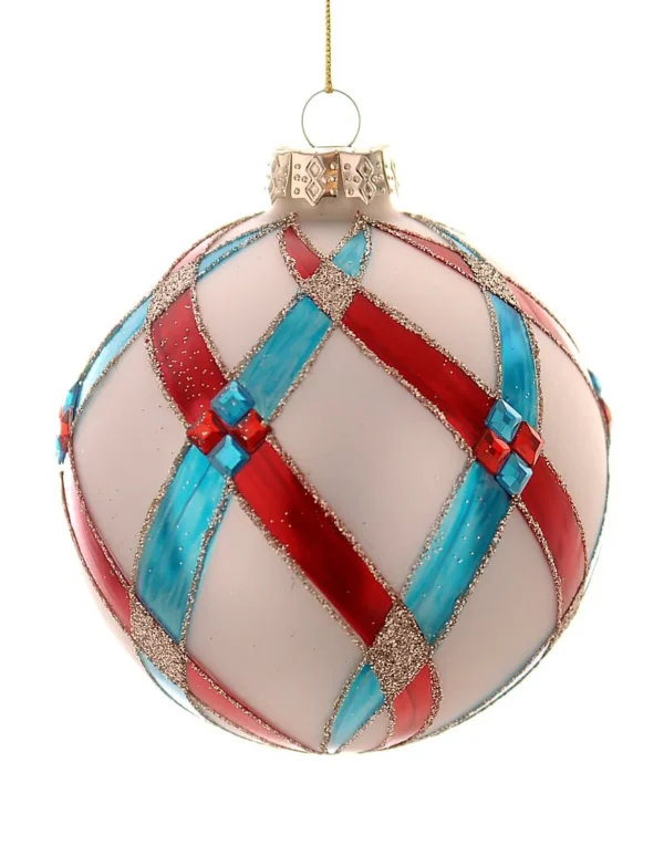 12/24-12cm Γυάλινη λευκή μπάλα με κόκκινες και μπλε ρίγες, γκλίτερ και πετράδια