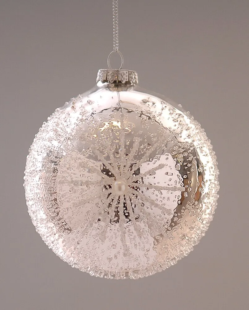 28719-28720-28721 12/48-10cm Γυάλινη γυαλιστερή ασημί μπάλα με χιονονιφάδα