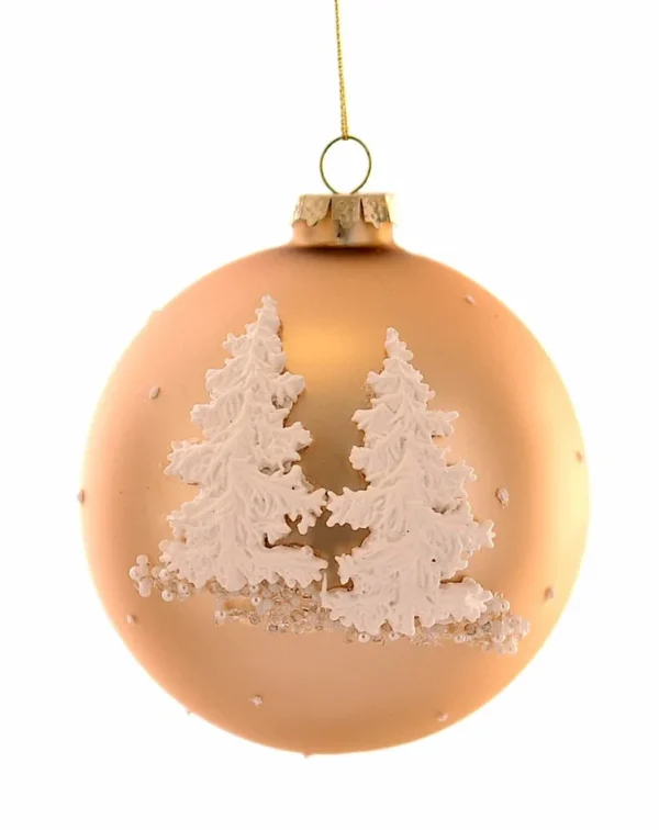 12/24-12cm Ματ γυάλινη μπάλα σε χρώμα σαμπάνιας με λευκά δέντρα